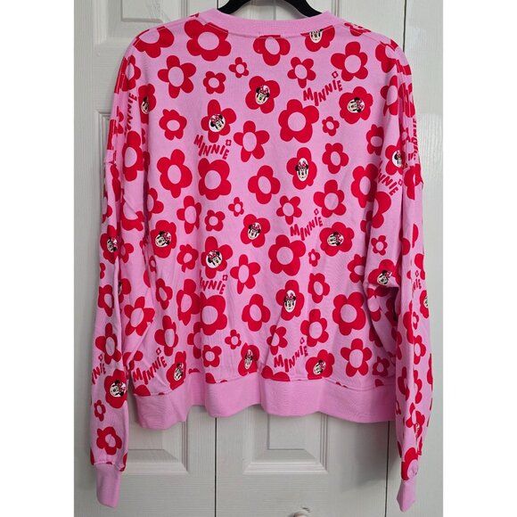 Disney Minnie Mouse Pink Crewneck Sweatshirt With Red Floral Print Large NWT New - Picture 2 of 9
